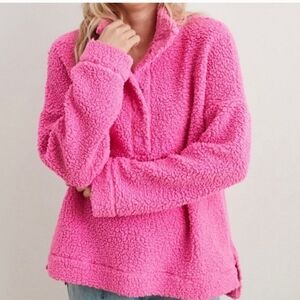 AERIE TEDDY CLOUD QUARTER SNAP PULLOVER OVERSIZED SWEATSHIRT SHACKET PINK